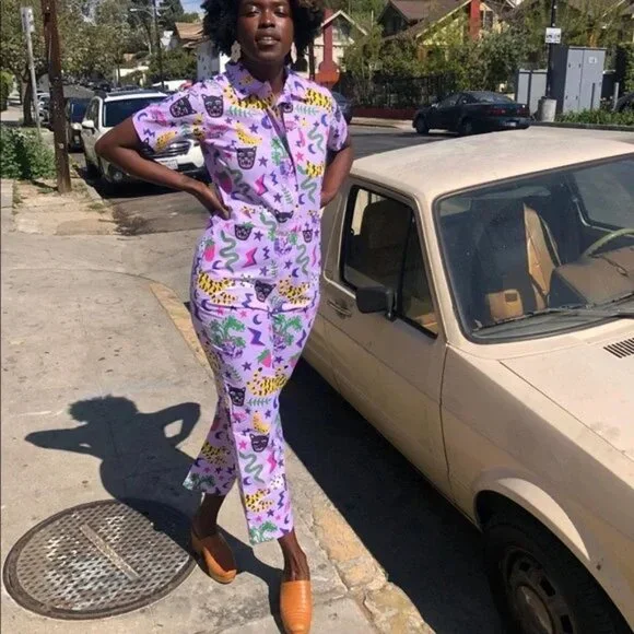 Nooworks Coveralls Short Sleeve Jumpsuit in Hastings Print Womens XXL Lavender - Picture 3 of 13